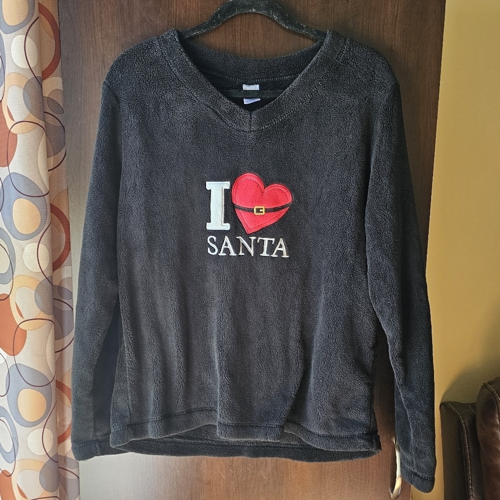 Black 'I Love Santa' Fuzzy Lounge Top Size XL